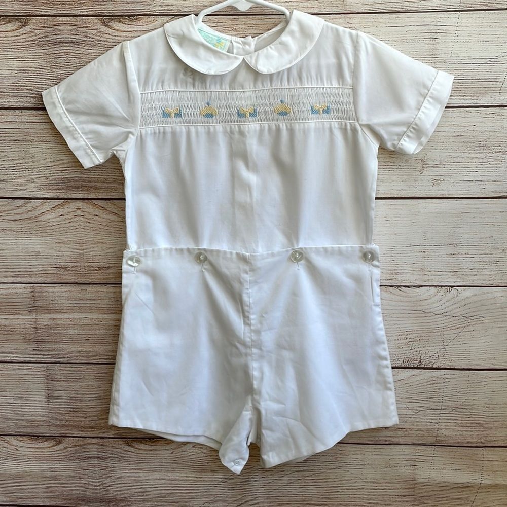 VINTAGE BAILEY BABIES SMOCKED ROMPER IN WHITE
